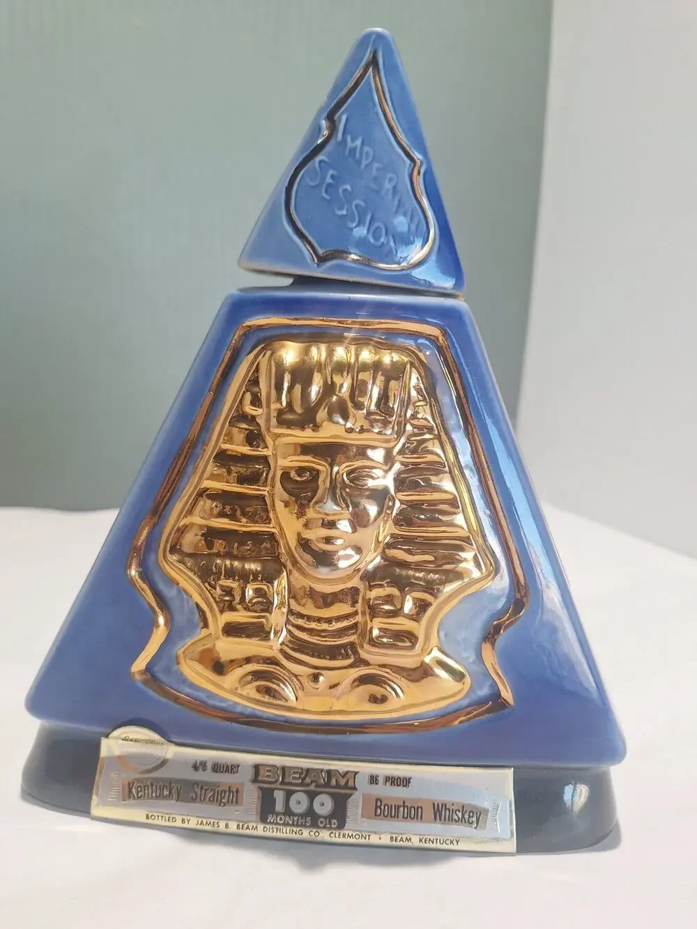 1970 Jim Beam Imperial Session Indiana Decanter Blue Pyramid Empty Tax Stamp